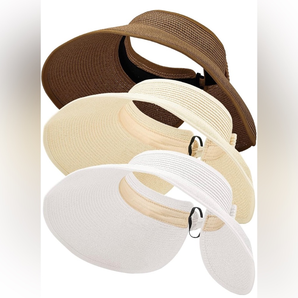 NWT 3PCS Foldable Straw Sun Visor Hats for Women, Wide Brim MULTI COLORS SETS